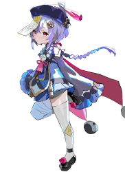 Rule 34 | 1girl, bad id, bad twitter id, bandaged leg, bandages, bead necklace, beads, black footwear, braid, chinese clothes, closed mouth, dress, frilled sleeves, frills, genshin impact, hair ornament, hat, highres, human homeosta, jewelry, jiangshi, leg up, long hair, necklace, ofuda, pink hair, pom pom (clothes), purple dress, purple hat, qingdai guanmao, qiqi (genshin impact), simple background, single braid, sleeves past fingers, sleeves past wrists, solo, tassel, thighhighs, white background
