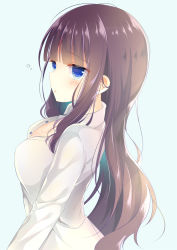 Rule 34 | 1girl, :o, bad id, bad pixiv id, blue eyes, blunt bangs, blush, breasts, brown hair, cleavage, dress shirt, from side, large breasts, long hair, long sleeves, looking at viewer, mole, mole on breast, new game!, parted lips, shiiba nae, shirt, sidelocks, simple background, solo, takimoto hifumi, upper body, very long hair, white shirt, wing collar
