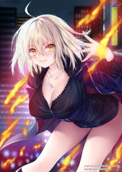 Rule 34 | 1girl, ahoge, black dress, blue coat, blush, breasts, cleavage, closed mouth, coat, dress, fate/grand order, fate (series), fire, fur-trimmed coat, fur trim, hair between eyes, jeanne d&#039;arc (fate), jeanne d&#039;arc alter (fate), jeanne d&#039;arc alter (ver. shinjuku 1999) (fate), jewelry, large breasts, leaning forward, looking at viewer, necklace, obiwan, official alternate costume, open clothes, open coat, short dress, short hair, silver hair, smile, solo, thighs, wicked dragon witch ver. shinjuku 1999, yellow eyes