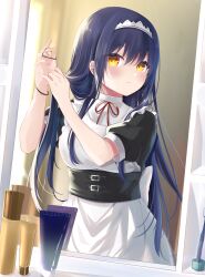 Rule 34 | 1girl, alternate costume, apron, back bow, black hair, blush, bow, breasts, closed mouth, cosmetics, enmaided, eyelashes, eyes visible through hair, frilled apron, frills, hair between eyes, hair over shoulder, hair tie, hairdressing, highres, holding, holding hair, holding hair tie, indoors, kushima kamome, large breasts, light smile, long hair, looking at mirror, looking at viewer, maid, maid apron, maid headdress, mirror, puffy short sleeves, puffy sleeves, red ribbon, reflection, ribbon, short sleeves, sidelocks, solo, straight hair, summer pockets, very long hair, white apron, white bow, yellow eyes, yutori z71