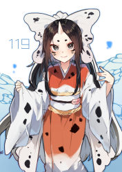 Rule 34 | 1girl, bad id, bad pixiv id, black eyes, black hair, blush, bow, closed mouth, creatures (company), fangs, female focus, flat chest, forehead, game freak, gen 1 pokemon, hair bow, hands up, happy, horns, ikeuchi tanuma, japanese clothes, kimono, long hair, long sleeves, looking at viewer, multicolored clothes, multicolored kimono, nintendo, obi, personification, pokedex number, pokemon, sash, seaking, single horn, smile, solo, standing, straight-on, white bow, wide sleeves