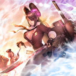 Rule 34 | 10s, 2girls, black gloves, black hair, black legwear, black skirt, breasts, cleavage, eyepatch, gloves, hair over one eye, halo, headgear, holding, holding weapon, kantai collection, large breasts, long sleeves, looking at viewer, lowres, machinery, mechanical halo, multiple girls, necktie, ogino (oginogino), pantyhose, parted lips, partially fingerless gloves, plaid, plaid necktie, plaid neckwear, school uniform, skirt, smile, sword, tatsuta (kancolle), tenryuu (kancolle), turret, weapon, yellow eyes
