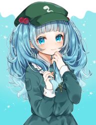 Rule 34 | 1girl, blue background, blue eyes, blue hair, blue shirt, blue skirt, blunt bangs, blush, cabbie hat, commentary request, cowboy shot, frilled shirt collar, frills, green hat, hair bobbles, hair ornament, hands up, hat, highres, holding, holding hair, kawashiro nitori, key, long hair, looking at viewer, messy hair, pocket, shirt, simple background, skirt, skirt set, smile, solo, touhou, two side up, wavy hair, youtan
