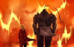 Rule 34 | 2boys, alphonse elric, armor, ayou (kuma), black pants, blonde hair, braid, braided ponytail, brothers, clenched hand, coat, edward elric, facing away, fire, full armor, fullmetal alchemist, gauntlets, gloves, highres, hood, hood down, long hair, male focus, multiple boys, pants, ponytail, red coat, shoulder spikes, siblings, spikes, standing, white gloves