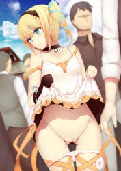 Rule 34 | 10s, 1girl, black neckwear, blonde hair, blue eyes, bow, bow panties, censored, choker, clothes lift, daiaru, day, dress, dress lift, edna (tales), exhibitionism, flashing, gloves, leg ribbon, mosaic censoring, navel, nude, outdoors, panties, panty pull, public indecency, pussy, ribbon, short hair, side ponytail, single glove, solo focus, strap slip, tales of (series), tales of zestiria, thigh gap, underwear, white panties