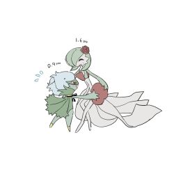 Rule 34 | 2others, aisutabetao, blush, cape, closed eyes, colored skin, creatures (company), dancing, flower, game freak, gen 3 pokemon, gen 4 pokemon, green cape, green skin, grey hair, hair flower, hair ornament, highres, kirlia, multicolored skin, multiple others, nintendo, pokemon, pokemon (creature), red skin, rose, roserade, simple background, size difference, smile, white background, white hair, white skin