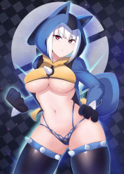 Rule 34 | 1girl, animal hands, breasts, cleavage, commission, cosplay, creatures (company), game freak, gen 4 pokemon, gloves, highres, hood, hood up, hoodie, large breasts, lucario, lucario (cosplay), navel, nintendo, original, paw gloves, pokemon, red eyes, skindentation, solo, spiked legwear, thighhighs, underboob, white hair, xiaodi, zettai ryouiki