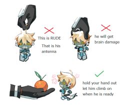 Rule 34 | black gloves, blonde hair, checkmark, clothed robot, disembodied hand, english text, food, fruit, gloves, guilty gear, guilty gear xrd, guilty gear xx, how to hold x (meme), humanoid robot, key in head, lifting person, long sleeves, male focus, meme, metal skin, mini person, miniboy, object through head, orange (fruit), robo-ky, robot, short hair, sorrysap, squeezing, winding key, x