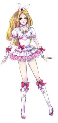 Rule 34 | 10s, 1girl, bad id, bad pixiv id, blonde hair, boots, bow, brooch, choker, cure rhythm, dress, female focus, full body, green eyes, heart, jewelry, knee boots, long hair, magical girl, minamino kanade, precure, simple background, solo, suite precure, white background, white choker, wrist cuffs