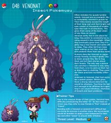 Rule 34 | 1boy, 1girl, absurdly long hair, antennae, arms up, artist name, breasts, character name, character profile, compound eyes, creatures (company), english text, fangs, full body, game freak, gen 1 pokemon, highres, horns, arthropod girl, joints, kinkymation, long hair, looking at viewer, nintendo, open mouth, personification, pokemon, purple hair, red eyes, simple background, standing, venonat, very long hair