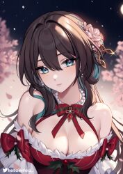 Rule 34 | 1girl, aqua eyes, bare shoulders, bead necklace, beads, black hair, bow, bowtie, breasts, brooch, cherry blossoms, cleavage, commentary request, earrings, fur trim, hair intakes, halterneck, head tilt, helloimtea, highres, honkai: star rail, honkai (series), jewelry, large breasts, long hair, looking at viewer, necklace, off-shoulder shirt, off shoulder, red bow, red bowtie, red shirt, ruan mei (honkai: star rail), shirt, solo, upper body, very long hair