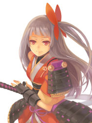 Rule 34 | 1girl, absurdres, armor, bad id, bad pixiv id, black thighhighs, fish, hao (patinnko), highres, japanese armor, japanese clothes, katana, kote, kusazuri, long hair, looking at viewer, pink eyes, sengoku collection, shoulder armor, silver hair, simple background, smile, sode, solo, sword, thighhighs, vambraces, weapon, white background