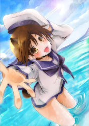 Rule 34 | 1girl, :d, akatsuki hijiri, animal ears, ascot, blush, brown eyes, brown hair, dutch angle, extra ears, foreshortening, hat, unworn hat, unworn headwear, miyafuji yoshika, ocean, one-piece swimsuit, open mouth, outstretched hand, partially submerged, sailor, smile, solo, strike witches, swimsuit, wading, water, world witches series