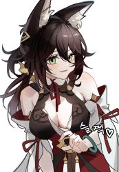 Rule 34 | 1girl, animal ear fluff, animal ears, annlin, bare shoulders, bracelet, breasts, brown hair, chisel, cleavage, commentary request, cowboy shot, detached sleeves, fingernails, fox ears, fox girl, green eyes, hair between eyes, heart, highres, honkai: star rail, honkai (series), jewelry, large breasts, leaning forward, long hair, looking at viewer, open mouth, red ribbon, ribbon, simple background, solo, tingyun (honkai: star rail), translation request, white background