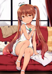 Rule 34 | 10s, 1girl, aoba hachi, brown eyes, brown hair, couch, dark-skinned female, dark skin, dress, highres, kantai collection, leg lift, libeccio (kancolle), long hair, off shoulder, panties, pantyshot, shoes, short dress, sitting, sleeveless, sleeveless dress, solo, striped clothes, striped panties, twintails, underwear, upskirt, white dress