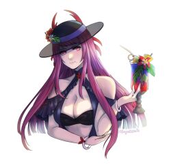 Rule 34 | 1girl, bare shoulders, black hat, blue one-piece swimsuit, blunt ends, breasts, cleavage, clothing cutout, cropped torso, cup, dress swimsuit, drink, drinking glass, drinking straw, female focus, fire emblem, fire emblem engage, fire emblem heroes, flower, hair ornament, hat, hibiscus, highres, holding, holding cup, ivy (fire emblem), ivy (summer) (fire emblem), kayasketch, large breasts, long hair, looking at viewer, matching hair/eyes, mole, mole on cheek, mole under mouth, nintendo, official alternate costume, one-piece swimsuit, purple eyes, purple hair, see-through, see-through headwear, solo, stomach cutout, swimsuit, tropical drink, twitter username, upper body, white background