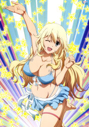 Rule 34 | 10s, 1girl, ;d, absurdres, arm up, armpits, atago (kancolle), barefoot, bikini, bikini skirt, blonde hair, blue bikini, blue eyes, breasts, cleavage, feet, female focus, front-tie bikini top, front-tie top, glowing, hair between eyes, halterneck, head tilt, highres, kantai collection, kantai collection (anime), katou ken, large breasts, long hair, looking at viewer, navel, nyantype, official art, one eye closed, open mouth, outstretched arm, outstretched hand, sarong, scan, smile, solo, star (symbol), swimsuit, thigh strap, very long hair
