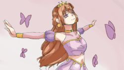 Rule 34 | 1girl, artist name, artist request, blush, bracelet, breasts, brown hair, bug, butterfly, butterfly (love live!), choker, cleavage, clothing cutout, collarbone, cropped shirt, crown, detached sleeves, double bun, dress, dress shirt, earrings, female focus, gold bracelet, hair between eyes, hair bun, hair rings, half-closed eyes, harem outfit, highres, insect, jewelry, konoe kanata, long hair, looking at viewer, looking up, love live!, love live! nijigasaki high school idol club, love live! school idol festival, navel, outstretched arms, parted lips, pink background, puffy short sleeves, puffy sleeves, purple butterfly, purple eyes, purple shirt, purple shorts, shirt, short sleeves, shorts, shoulder cutout, small breasts, smile, solo, spread arms, two side up, yellow bracelet, yellow choker