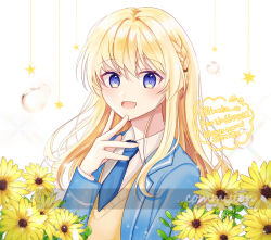 Rule 34 | 1girl, 723/nanahumi, bad id, bad pixiv id, blazer, blonde hair, blue eyes, blue jacket, blue necktie, braid, collared shirt, commentary, commission, english commentary, flower, hair between eyes, hand up, jacket, long hair, long sleeves, looking at viewer, necktie, open clothes, open jacket, original, pixiv id, shirt, solo, star (symbol), sweater vest, twitter username, upper body, water drop, watermark, white background, white shirt, yellow flower
