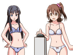 Rule 34 | 2girls, black eyes, black hair, blue bra, blue panties, blunt bangs, bow, bow bra, bow panties, bra, breasts, brown eyes, brown hair, commentary, crotch seam, hair ornament, hair scrunchie, hairclip, hands on own hips, idolmaster, idolmaster million live!, kasuga mirai, lace, lace-trimmed bra, lace trim, lielos, light frown, long hair, looking at viewer, medium breasts, medium hair, mogami shizuka, multiple girls, navel, one side up, open mouth, panties, pressing, purple scrunchie, push-button, scrunchie, simple background, standing, straight hair, underwear, underwear only, white background, white bra, white panties