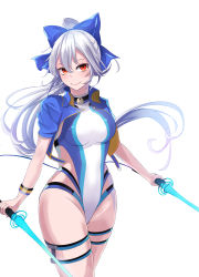 Rule 34 | 1girl, absurdres, blue bow, blue one-piece swimsuit, bow, cowboy shot, dual wielding, energy sword, fate/grand order, fate (series), hair bow, highleg, highleg swimsuit, highres, holding, long hair, multicolored clothes, multicolored swimsuit, nigori (keydoor), one-piece swimsuit, ponytail, red eyes, silver hair, simple background, solo, standing, striped wristband, swimsuit, sword, thigh strap, tomoe gozen (fate), tomoe gozen (swimsuit saber) (fate), two-tone swimsuit, weapon, white background, white one-piece swimsuit