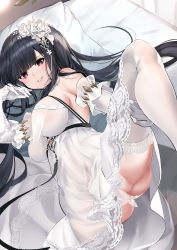 Rule 34 | 1girl, absurdres, ann (ann58533111), ass, azur lane, black hair, breasts, cross, dress, elbow gloves, flower, gloves, hair flower, hair ornament, highres, iron cross, large breasts, lingerie, long hair, looking at viewer, lying, m legs, negligee, official alternate costume, on side, panties, peter strasser (azur lane), peter strasser (a moment frozen in pure white) (azur lane), pillow, purple eyes, rose, see-through, see-through dress, solo, spread legs, underwear, very long hair, white flower, white gloves, white legwear, white negligee, white panties, white rose