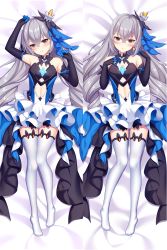 Rule 34 | 1girl, :o, arm up, black gloves, blush, breasts, bronya zaychik, bronya zaychik (herrscher of reason), center opening, crossed bangs, dakimakura (medium), dress, drill hair, earrings, elbow gloves, gloves, hair ornament, hands up, head tilt, highres, honkai (series), honkai impact 3rd, jewelry, layered dress, long hair, looking at viewer, meng lea, multiple views, no shoes, quad drills, silver hair, small breasts, thighhighs, white thighhighs