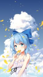 Rule 34 | 1girl, absurdres, aqua eyes, aqua hair, bare shoulders, blue sky, blush, bow, breasts, cirno, cleavage, cloud, collarbone, dress, eating, eyes visible through hair, food, frilled dress, frills, hair bow, highres, holding, holding food, ice, ice wings, petals, popsicle, short hair, sky, small breasts, summer, sundress, touhou, upper body, white dress, wings, yaruwashi