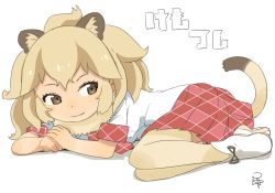 Rule 34 | 10s, 1girl, :3, animal ears, ankle boots, blonde hair, boots, brown eyes, commentary request, copyright name, eyebrows, eyelashes, footwear ribbon, full body, hair between eyes, kemono friends, lion (kemono friends), lion ears, lion tail, long hair, looking to the side, lying, on side, own hands together, plaid, plaid skirt, ribbon, satsuyo, shadow, shirt, short sleeves, signature, simple background, skirt, socks, solo, tail, thighhighs, translated, tsurime, white background, white footwear