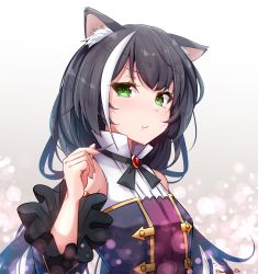 Rule 34 | 1girl, :t, animal ear fluff, animal ears, baileys (tranquillity650), black hair, cat ears, closed mouth, detached sleeves, gradient background, green eyes, grey background, highres, karyl (princess connect!), long hair, looking at viewer, low twintails, multicolored hair, pout, princess connect!, solo, streaked hair, twintails, upper body, white hair