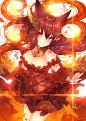 Rule 34 | 10s, 1girl, animal ears, anthuria, arm at side, asada sadao, bad id, bad pixiv id, bare shoulders, breasts, corset, detached sleeves, dress, erune, fire, floating hair, gradient hair, granblue fantasy, hair between eyes, hair ornament, highres, jewelry, large breasts, light smile, long hair, looking at viewer, multicolored hair, off-shoulder dress, off shoulder, orange hair, outstretched hand, red dress, red eyes, red hair, short dress, solo