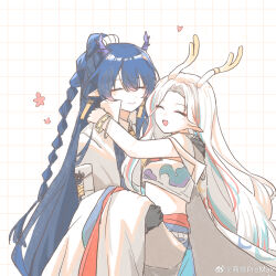 Rule 34 | 2girls, :d, = =, ^ ^, animal ears, antlers, aqua hair, arknights, arm around neck, bandeau, blue hair, bracelet, braid, carrying, carrying person, chinese commentary, closed eyes, closed mouth, coat, collared coat, commentary request, deer ears, deer girl, dragon girl, dragon horns, earrings, grid, grid background, hand on another&#039;s shoulder, high collar, highres, horns, jewelry, light blush, ling (arknights), long hair, long skirt, multicolored hair, multiple girls, nine-colored deer, open mouth, pointy ears, princess carry, purple horns, red hair, shang ge promax, skirt, smile, streaked hair, very long hair, watermark, weibo logo, white background, white bandeau, white coat, white hair, white skirt, yuri