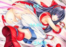 Rule 34 | 1girl, ainu clothes, arm guards, armpits, ass, black hair, blue eyes, blush, bow, breasts, closed mouth, foreshortening, hair bow, long hair, looking at viewer, marker (medium), nakoruru, panties, red bow, samurai spirits, small breasts, snk, solo, torn clothes, traditional media, underwear, white panties, yqgkg