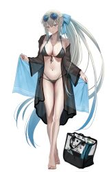 Rule 34 | 1girl, absurdres, bare shoulders, bikini, black bikini, blue eyes, blush, bow, braid, breasts, closed mouth, collarbone, fate/grand order, fate (series), french braid, full body, grey hair, hair bow, highres, large breasts, long hair, long sleeves, looking at viewer, mishiro (ixtlolton), morgan le fay (fate), navel, ponytail, sidelocks, simple background, smile, solo, swimsuit, thighs, very long hair, wet, wet clothes, wet swimsuit, white background