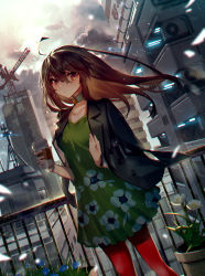 Rule 34 | 1girl, ahoge, blue flower, bracelet, breasts, brown hair, building, choker, city, cityscape, cloud, cloudy sky, coffee cup, collarbone, commentary request, crane (machine), cup, day, disposable cup, dress, dutch angle, feet out of frame, floral print, flower, green dress, hair between eyes, hands up, highres, holding, holding cup, jacket, jewelry, mebaru, open clothes, open jacket, orange eyes, original, outdoors, pantyhose, parted lips, plant, potted plant, railing, red thighhighs, rooftop, sky, small breasts, solo, standing, thighhighs, white flower