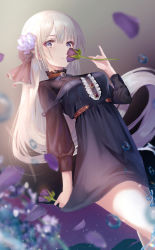 Rule 34 | 1girl, absurdres, black background, black dress, black ribbon, blue eyes, blurry, blurry foreground, blush, dress, dutch angle, flower, frilled dress, frills, gradient background, hair between eyes, hair flower, hair ornament, hair ribbon, highres, holding, holding flower, long hair, long sleeves, original, parted lips, petals, purple flower, ribbon, simple background, solo, standing, very long hair, water drop, white background, white hair, yk (pixiv43531291)