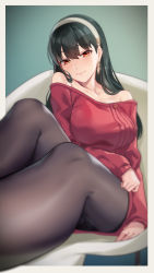 Rule 34 | 1girl, bare shoulders, black hair, black pantyhose, blush, collarbone, dress, earrings, gold earrings, hair ornament, hairband, highres, iandrea, jewelry, long hair, looking at viewer, off-shoulder sweater, off shoulder, pantyhose, red eyes, red sweater, sidelocks, sitting, solo, spy x family, sweater, sweater dress, yor briar