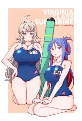 ahoge american_flag blue_eyes blue_hair blue_one-piece_swimsuit breasts competition_school_swimsuit covered_navel folded_ponytail full_body grey_eyes grey_hair highres kantai_collection large_breasts long_hair looking_at_viewer moxtu69_eg multicolored_hair name_connection one-piece_swimsuit red_hair school_swimsuit seiza sitting south_dakota_(kancolle) swimsuit torpedo uss_south_dakota_(ssn-790) uss_washington_(ssn-787) washington_(kancolle)