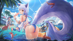 Rule 34 | 3girls, absurdres, animal ears, arknights, ass, b.d (472858314), bare shoulders, beach, blue gloves, blue sky, boat, braid, cloud, commentary request, crab, day, fingerless gloves, food, gloves, hair between eyes, hand up, hat, highres, holding, holding food, large tail, leaning forward, long hair, multiple girls, navel, ocean, off-shoulder shirt, off shoulder, official alternate costume, open mouth, outdoors, palm tree, platinum (arknights), platinum (shimmering dew) (arknights), popsicle, provence (arknights), provence (casual vacation) (arknights), purple hair, resolution mismatch, shirt, short sleeves, single glove, skadi (arknights), skadi (waverider) (arknights), sky, source smaller, stomach, sun hat, tail, thighs, tree, wading, water, watercraft, white headwear, white shirt, wolf ears, wolf tail, yellow eyes