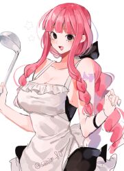 Rule 34 | 1girl, apron, archived source, arm tattoo, bad id, bad twitter id, black dress, black eyes, blunt bangs, braid, dress, drill hair, eyelashes, hair ribbon, holding, holding ladle, joman, korean commentary, ladle, looking at viewer, one piece, open mouth, perona, pink hair, ponytail, ribbon, sidelocks, simple background, smile, star (symbol), tattoo, upper body, white background