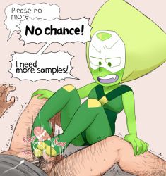 Rule 34 | !, 1boy, 1girl, alien, blush, censored, colored skin, cum, fang, footjob, forehead jewel, gnome-no, green hair, green skin, hetero, interspecies, penis, peridot (steven universe), simple background, size difference, solo focus, steven universe, sweat, visor, wince
