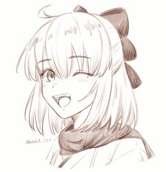 Rule 34 | 1girl, ;d, bow, fate (series), hair bow, half updo, highres, koha-ace, light blush, looking at viewer, monochrome, okita souji (fate), okita souji (koha-ace), one eye closed, open mouth, portrait, scarf, short hair, simple background, smile, solo, teeth, twitter username, upper teeth only, vega negi