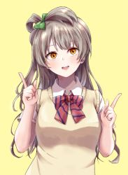 Rule 34 | 1girl, absurdres, artist name, artist request, blush, bow, bowtie, breasts, brown eyes, brown hair, collared shirt, female focus, green bow, grey hair, hair bow, hair rings, highres, light brown hair, long hair, long sleeves, looking at viewer, love live!, love live! school idol project, minami kotori, otonokizaka school uniform, parted lips, pointing, pointing up, ponytail, red bow, school uniform, shirt, short sleeves, side ponytail, smile, solo, striped, striped bow, sweater vest, teeth, upper body, vest, white shirt, yellow background, yellow eyes, yellow vest