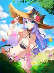Rule 34 | 1girl, absurdres, aqua eyes, bare shoulders, beach, bikini, black bow, black choker, blue flower, blurry, blurry background, blurry foreground, bow, breasts, bug, bush, butterfly, choker, cleavage, clothing cutout, cloud, collarbone, curled fingers, flower, flower hat, food, food in mouth, frilled bikini, frills, halterneck, hand on own knee, hand up, hat, highres, insect, large breasts, leaf, leaning forward, legs apart, long hair, looking at viewer, midriff, nail polish, navel cutout, off shoulder, pink nails, plant, popsicle, popsicle in mouth, princess connect!, purple flower, purple hair, red flower, sagging breasts, sand, see-through, shizuru (princess connect!), sky, solo, straw hat, string bikini, striped, striped bow, sun hat, swimsuit, tree, waves, white flower, wristband, yellow flower, yztp (sanmery)