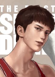 Rule 34 | 1boy, basketball jersey, basketball uniform, blueship4985, brown eyes, brown hair, copyright name, english text, highres, korean commentary, light smile, looking at viewer, male focus, mitsui hisashi, parted lips, portrait, red shirt, shirt, short hair, simple background, slam dunk (series), sleeveless, sleeveless shirt, solo, sportswear, sweat