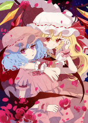 Rule 34 | 2girls, absurdres, arms around neck, bat wings, blonde hair, blue hair, blush, closed mouth, commentary, crystal, fang, flandre scarlet, frilled skirt, frilled sleeves, frills, hair between eyes, hat, hat ribbon, highres, hug, hug from behind, long hair, looking at viewer, mob cap, multiple girls, parted lips, pink headwear, pink shirt, pink skirt, puffy short sleeves, puffy sleeves, red eyes, red ribbon, red skirt, red vest, remilia scarlet, ribbon, shirt, shocho (shaojiujiu), short hair, short sleeves, siblings, side ponytail, sisters, skin fang, skirt, skirt set, smile, touhou, vest, white headwear, wings, wrist cuffs