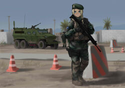 Rule 34 | 1girl, 2others, assault rifle, background activity, barricade, beret, blast wall, blonde hair, blue eyes, boots, braid, braided ponytail, building, camoflauge, checkpoint, desert, flag, foregrip, gloves, grass, green beret, gun, handgun, hat, holding, holding weapon, holster, mardjan, military, military uniform, military vehicle, multiple others, original, people, pine tree, pistol, ponytail, rifle, road, sand, scope, sky, smile, traffic cone, tree, trigger discipline, turret, turret truck, uniform, utility pole, vehicle, walls, weapon