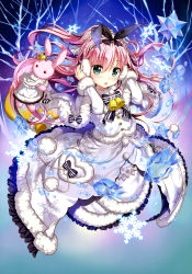 Rule 34 | 1girl, :o, absurdres, bell, black frills, blush, body blush, bow, bowtie, capelet, collar, copyright request, dress, fish, flower, frilled dress, frilled hairband, frills, fujima takuya, fur-trimmed capelet, fur-trimmed dress, fur trim, green eyes, hair between eyes, hair flower, hair ornament, hairband, hands on headphones, headphones, headset, highres, jewelry, long hair, looking at viewer, neck bell, official art, pink hair, pink lips, ponytail, print dress, red eyes, ring, scan, sky, snowflake print, snowflakes, solo, star (sky), starry sky, striped bow, striped bowtie, striped clothes, striped neckwear, stuffed animal, stuffed rabbit, stuffed toy, tongue, water, white capelet, white dress, white flower, white frills, white hairband