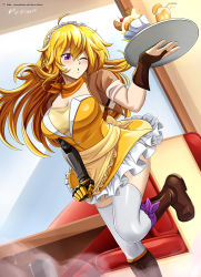 Rule 34 | 1girl, absurdres, ahoge, artist name, blonde hair, boots, breasts, cleavage, hair between eyes, highres, holding, indoors, large breasts, long hair, looking at viewer, maid, maid headdress, miniskirt, one eye closed, patreon username, prosthesis, prosthetic arm, purple eyes, rwby, short sleeves, skirt, solo, standing, standing on one leg, thighhighs, tray, vilde loh hocen, watermark, web address, yang xiao long