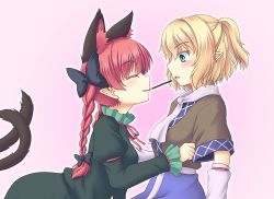 Rule 34 | 2girls, animal ears, bad id, blonde hair, blush, bow, braid, cat ears, cat tail, closed eyes, dress, extra ears, food, green eyes, hair bow, isaki (gomi), kaenbyou rin, long hair, mizuhashi parsee, multiple girls, multiple tails, pocky, pointy ears, ponytail, red hair, short hair, simple background, smile, tail, touhou, twin braids, twintails, yuri
